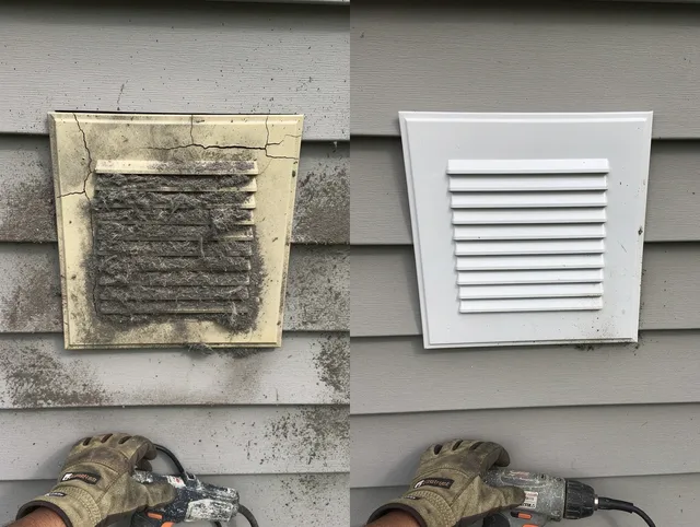 Port Chester Dryer Vent Cleaning technician installing high-quality dryer vent cover at a residential property in Port Chester